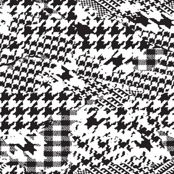 Black and white houndstooth tartan plaid fabric patchwork grunge vector seamless pattern