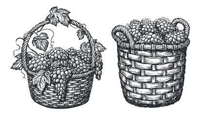 Basket with ripe grapes isolated on white. Vineyard concept. Sketch vector illustration in vintage engraving style - obrazy, fototapety, plakaty