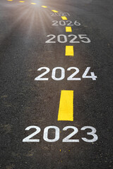 2023 2024 2025 2026 2027 on road. Five years planning business concept and startup beginning to...