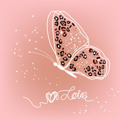 stylized leopard pattern on the wings of butterflies. concept of love, tenderness, beauty, fashion, postcard, logo. pastel  pink background. One continuous line drawing white line © Liubov