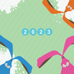 2023 year illustration. Vector Pink  blue and orange rabbits.  Art. green background