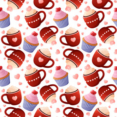 Sweet seamless pattern. A mug of cocoa with cream, a cupcake and decorations in the form of hearts. Concept for valentine's day. For fabric, wrapping paper.