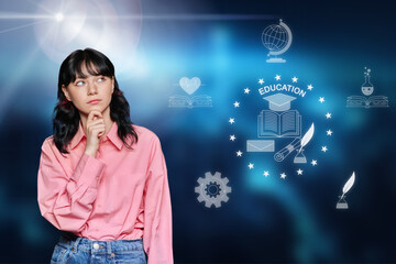 Teenager female student dreamily inquiringly thinking about school college university