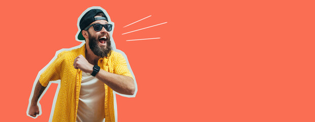 Hipster guy with a beard actively running on a colored isolated background. Crazy emotions. Collage...