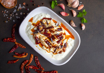Traditional Turkish and Greek Meze with chili peppers. Turkish Appetizer Atom with yogurt. Turkish...