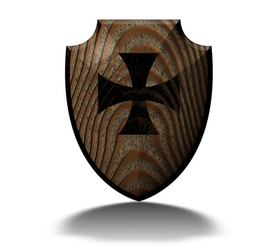 3D ILLUSTRATION, WOODEN SHIELD WITH CROSS, OF KNIGHT OF THE CRUSADED WHITE BACKGROUND