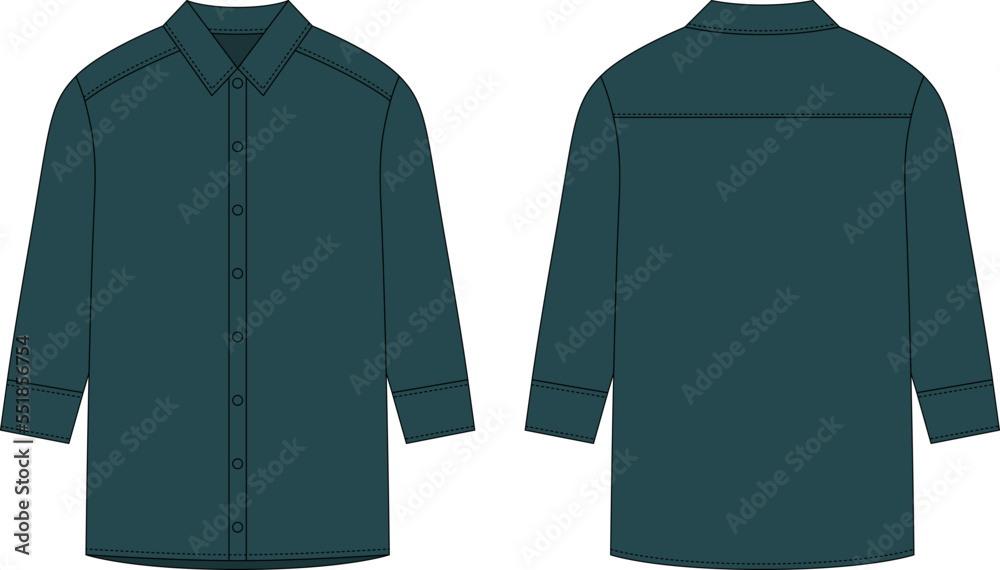 Wall mural oversized shirt with long sleeves and buttons technical sketch. dark green color. - Wall murals