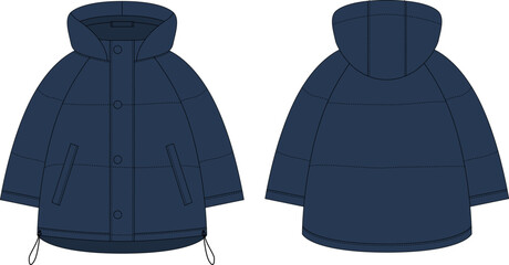 Ooversized raglan puffer winter down coat technical sketch. Dark blue color. © smth.design