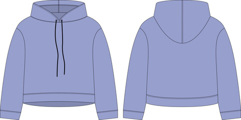 Women crop hoodie technical sketch. Cool blue color. CAD mockup template hoody.