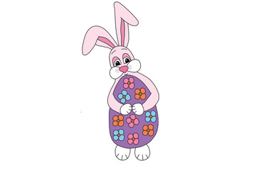 
The picture shows a pink rabbit holding a flower-decorated egg in her hands, it is intended for cards, prints, Easter, New Year, etc.