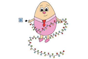 The picture shows an Easter egg with eyes, a shirt, a tie and New Year's lights in its hands. It is intended for Christmas, New Year, cards, printing, etc.
