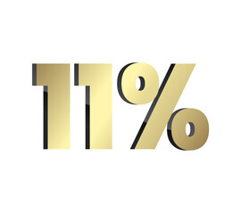 11 percent 3Ds Letter Golden, 3Ds Level Gold color, eleven 3D Percent on red color background, and can use as transparent gold 3Ds letter for levels, calculated level, vector illustration.
