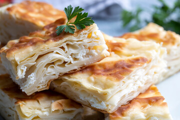 Delicious Turkish food; Tray pastry; (Turkish name; Su boregi)