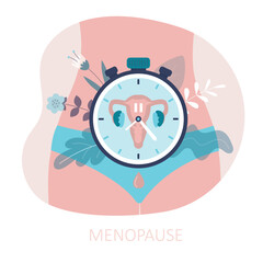 Part of woman body with biological clocks, limited fertility. Medical concept, feminine age. Menopause. Climacteric. Women's health. Menstrual periods. Uterus, clock and flowers.