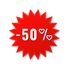 Sale, price tag or label 50 % for Valentine's Day isolated on transparent background. Shopping sticker and badge for merchandise and promotion. Red sticker for web banners with realistic shadow.