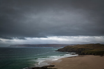 An ominous autumnal HDR image of Sango beach and bay, Durness, on the North coast 500 tourist route, Sutherland, Scotland.