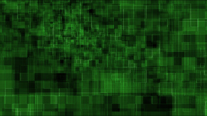 green square shapes connected on abstract creative blurry background with 3D rendering illustration for web, computer and coding concepts