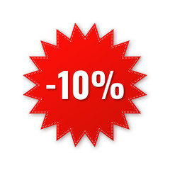 Sale, price tag or label 10 % isolated on transparent background. Shopping sticker and badge for merchandise and promotion. Red sticker for web banners with realistic shadow.