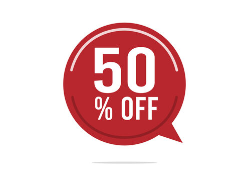 50% off discount vector. Offer balloon and price reduction for promotion and sale of stock. Red design on white background