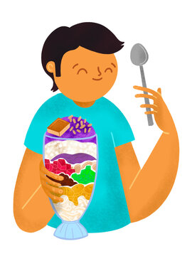 Filipino man eating halo-halo from a tall glass with a spoon