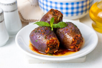 Traditional delicious Turkish foods; eggplant stuffed (patlican dolmasi)