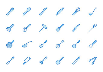 Cookware line icon set. Kitchen equipment - fork, knife, spoon, hammer, ladle, corkscrew minimal vector illustration. Simple outline sign of cooking utensils. Blue color, editable stroke