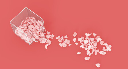 Clear glass bottle, inside contains a heart-shaped pill capsule and spills out of the bottle in white background, 3D Rendering