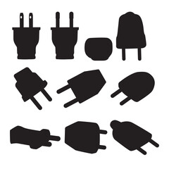 set of black silhouettes of electric plug. Vector flat icon.