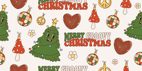 Groovy hippie christmas seamless pattern with retro cartoon characters and elements. Trendy 70s style. Merry Christmas and happy new year. Vintage background.