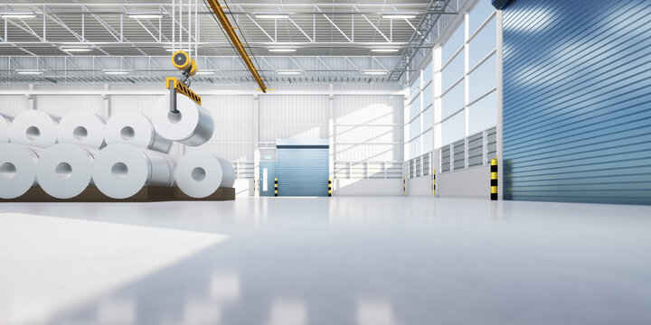 3d rendering of roll steel, stainless or galvanized steel coil inside factory or warehouse. Include concrete floor, overhead crane. To lift industrial product in manufacturing, production process.