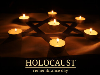 Burning candle on flag of Israel background, space for text. Holocaust memory day