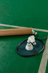 The shuttlecock on the racket in the badminton court Soft focus images