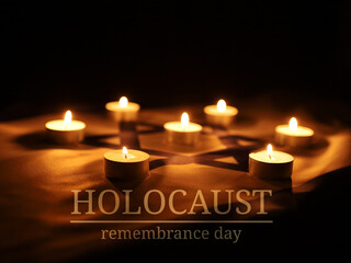 Burning candle on flag of Israel background, space for text. Holocaust memory day