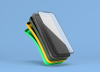 multicolored band phone cases and screen protection glass presentation for showcase 3d render on blue - 551861100