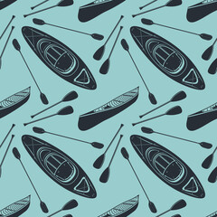 Seamless pattern with Canoe, Kayak and paddles. Vector illustration
