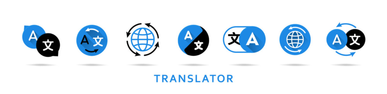 A set of icons for the translator application. Chat circles with language translation icons in different styles. Multilingual online translator. Translation app icon. Language communication