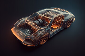 Supercar knolling parts transparent data visualization infographics display style. generative AI artwork that doesn't exist in real life.
