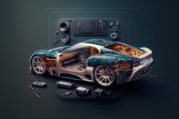 Supercar knolling parts transparent data visualization infographics display style. generative AI artwork that doesn't exist in real life.
