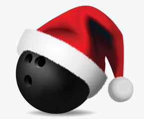 Christmas bowling ball and Santa Claus Hat - Sport concept - Isolated on white Background - Vector - obrazy, fototapety, plakaty