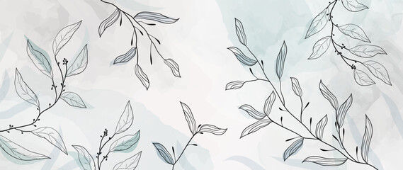 Leafy handmade background. Botanical line art wallpaper with watercolor, eucalyptus branches and leaves. Blue and green watercolor texture design for banners, prints, wall art and home decor. © leafyori
