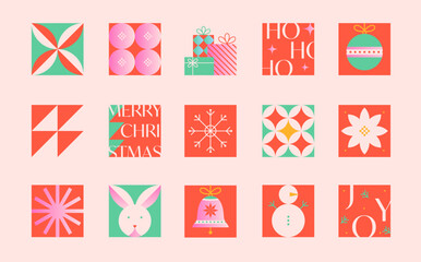 Christmas and Happy New Year icons and symbols.Festive vector emblems in trendy flat style.Traditional winter holiday labels.Xmas trendy designs for branding,invitations,prints,social media