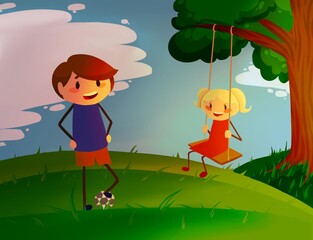 children playing outside illustration art boy and girl