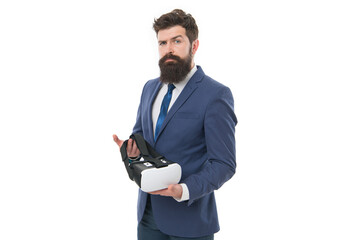 businessman hold vr glasses isolated on white. vr business concept. businessman