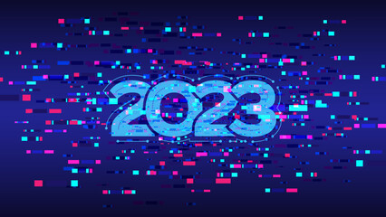 Obraz premium 2023 futuristic new year festival. Digital computer technology celebration. Abstract cyberspace geometric elements