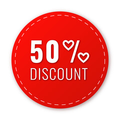 Sale, price tag or label 50 % for Valentine's Day isolated on transparent background. Shopping sticker and badge for merchandise and promotion. Red sticker for web banners with realistic shadow.
