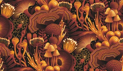 Seamless pattern with psychedelic mushrooms and cats. Magical forest.