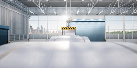 3d rendering of roll steel, stainless or galvanized steel coil inside factory or warehouse. Include overhead crane, hoist hook. To lift industrial product in manufacturing or production process.