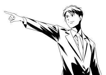 イケメンビジネスマン：指差す男性 モノクロ・線画バージョン