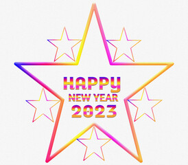 Abstract colorful happy new year 2023 text in star shape isolated on white background with stars