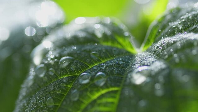 Video footage of rain on fresh green leaves